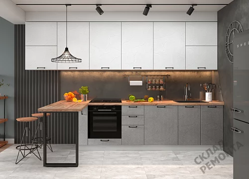 Фото Кухня ДСВ Лофт штукатурка белая/штукатурка серая – купить в Воронеже: цена, описание, фото. Интернет-магазин 2